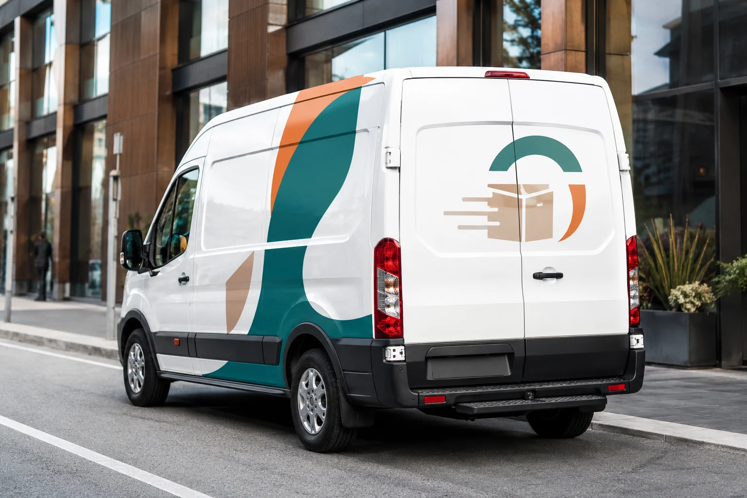 Vehiculo comercial rotulado con publicidad de empresa en entorno urbano
