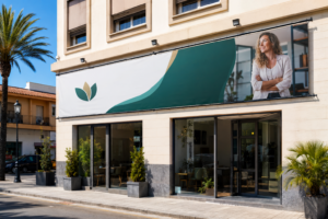 Lona publicitaria de gran formato instalada en la fachada de un negocio en una calle comercial