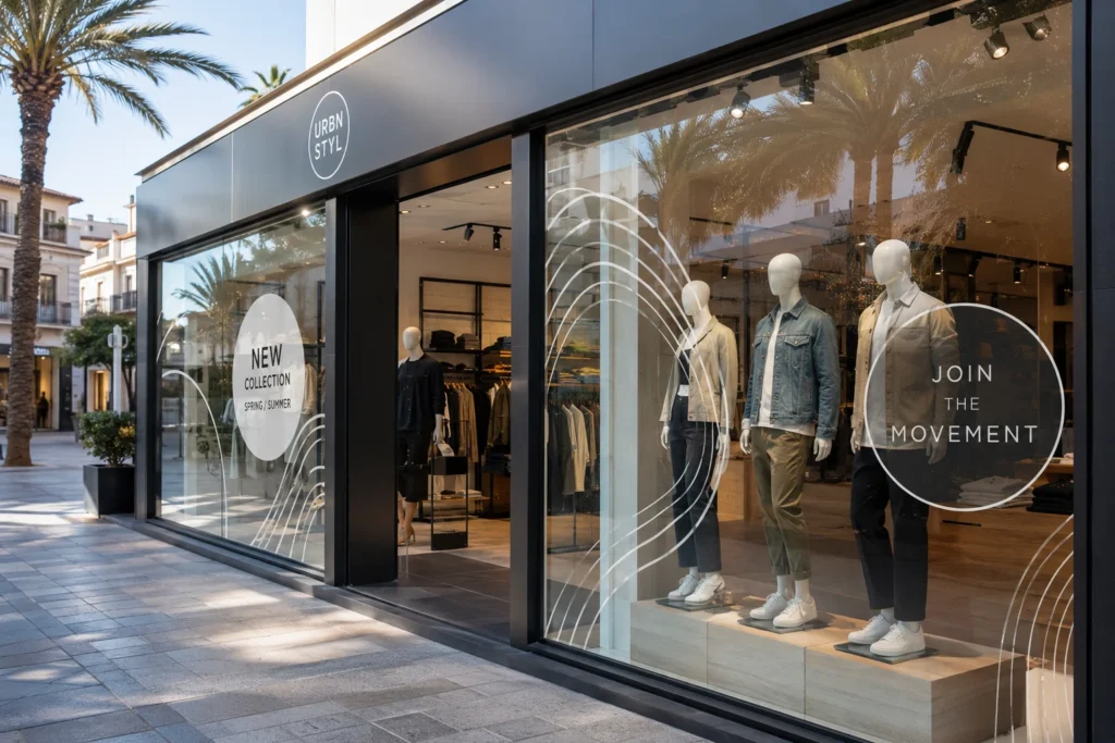 Escaparate de tienda con vinilos comerciales modernos y diseño atractivo