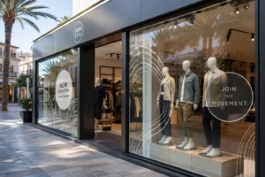Escaparate de tienda con vinilos comerciales modernos y diseño atractivo