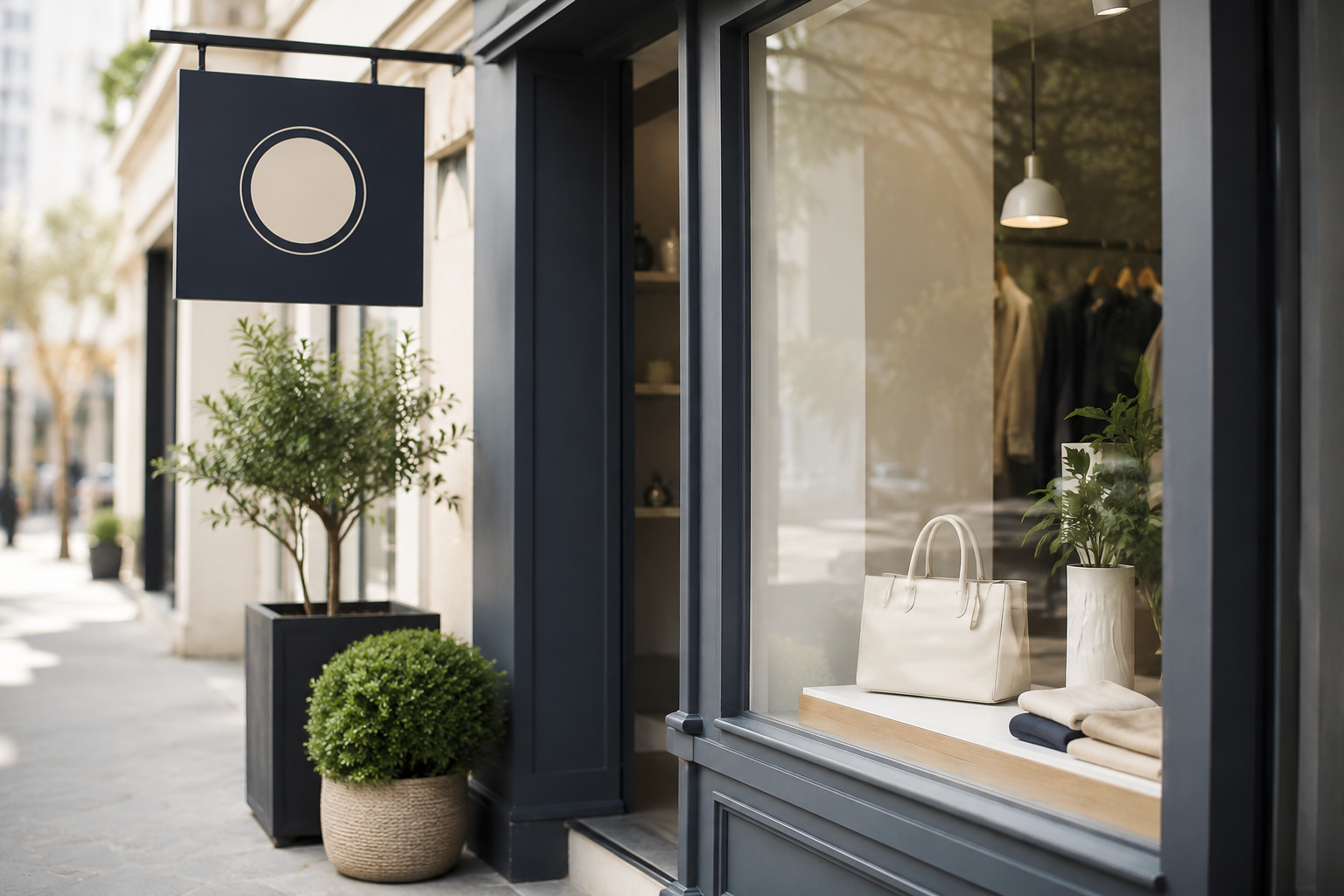 Banderola para tienda colocada en fachada y visible desde la acera