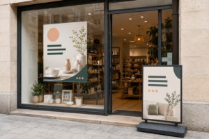 Carteles publicitarios impresos para tiendas colocados en escaparate y entrada de un comercio