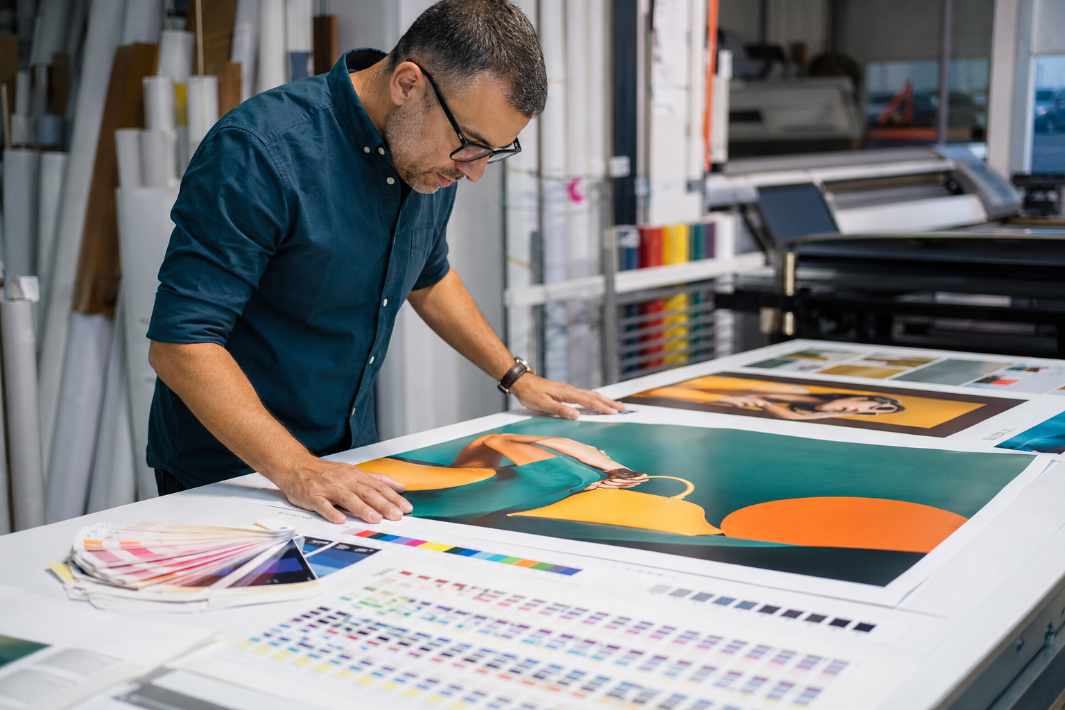 Revisión de diseño y color para carteles publicitarios impresos antes de producción