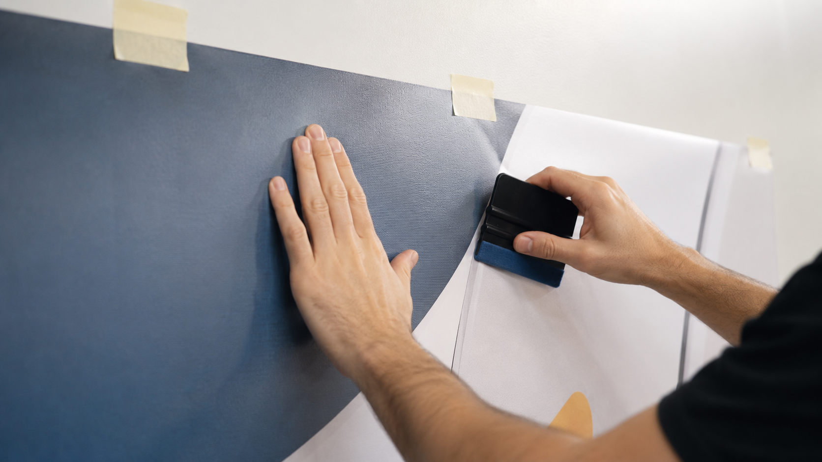 Instalación profesional de vinilo adhesivo sobre una pared comercial