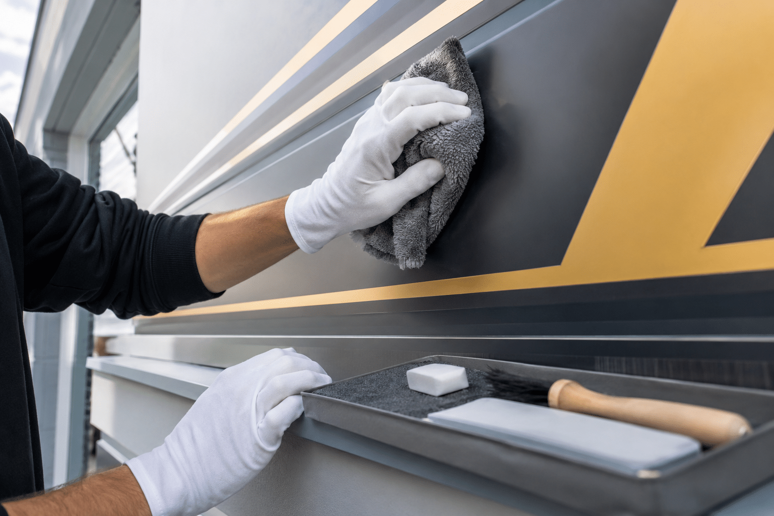 Limpieza suave de un rótulo comercial exterior con paño de microfibra