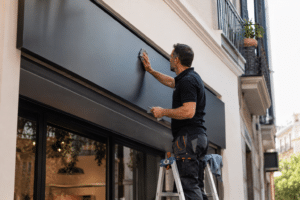 Técnico revisando el mantenimiento de un rótulo exterior en la fachada de un comercio