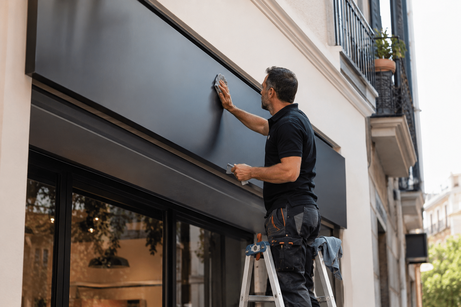 Técnico revisando el mantenimiento de un rótulo exterior en la fachada de un comercio