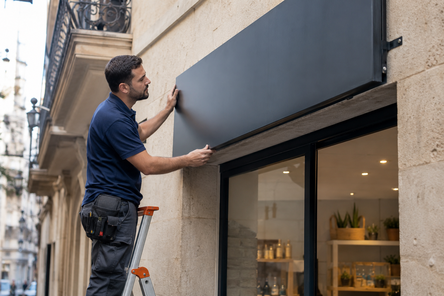 Revisión de fijaciones y bordes de un rótulo de fachada comercial