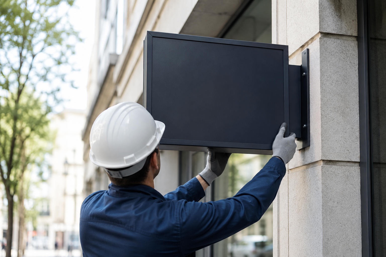 Revisión profesional de la instalación de una banderola publicitaria en fachada
