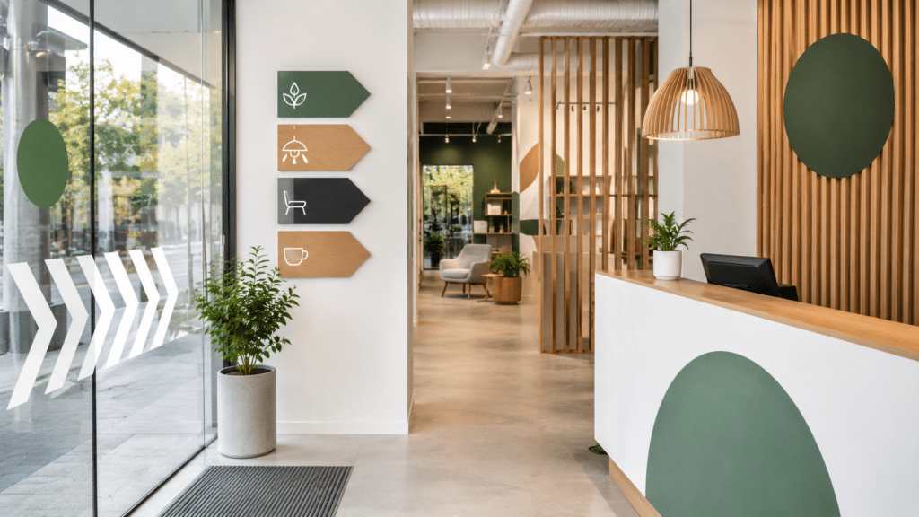 Señalética interior para negocios aplicada en un local comercial moderno