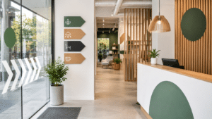 Señalética interior para negocios aplicada en un local comercial moderno