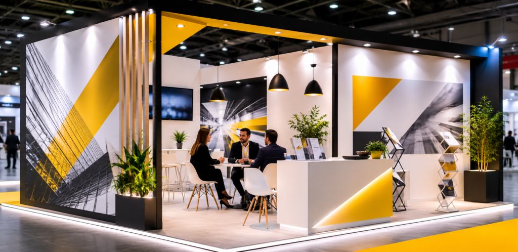 Stand publicitario moderno para feria comercial con gráfica corporativa impresa