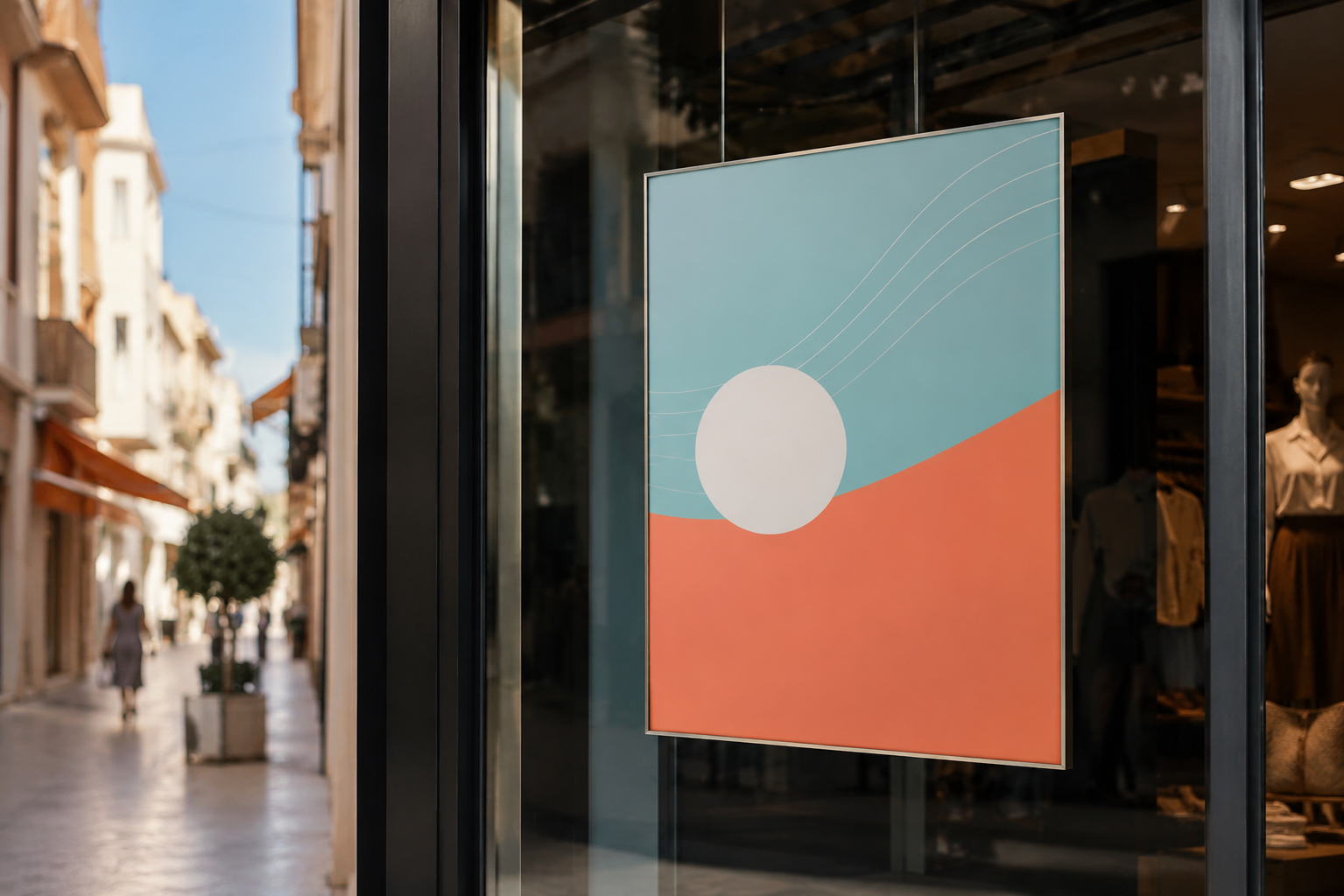 Cartel publicitario impreso colocado en el escaparate de una tienda a altura de lectura