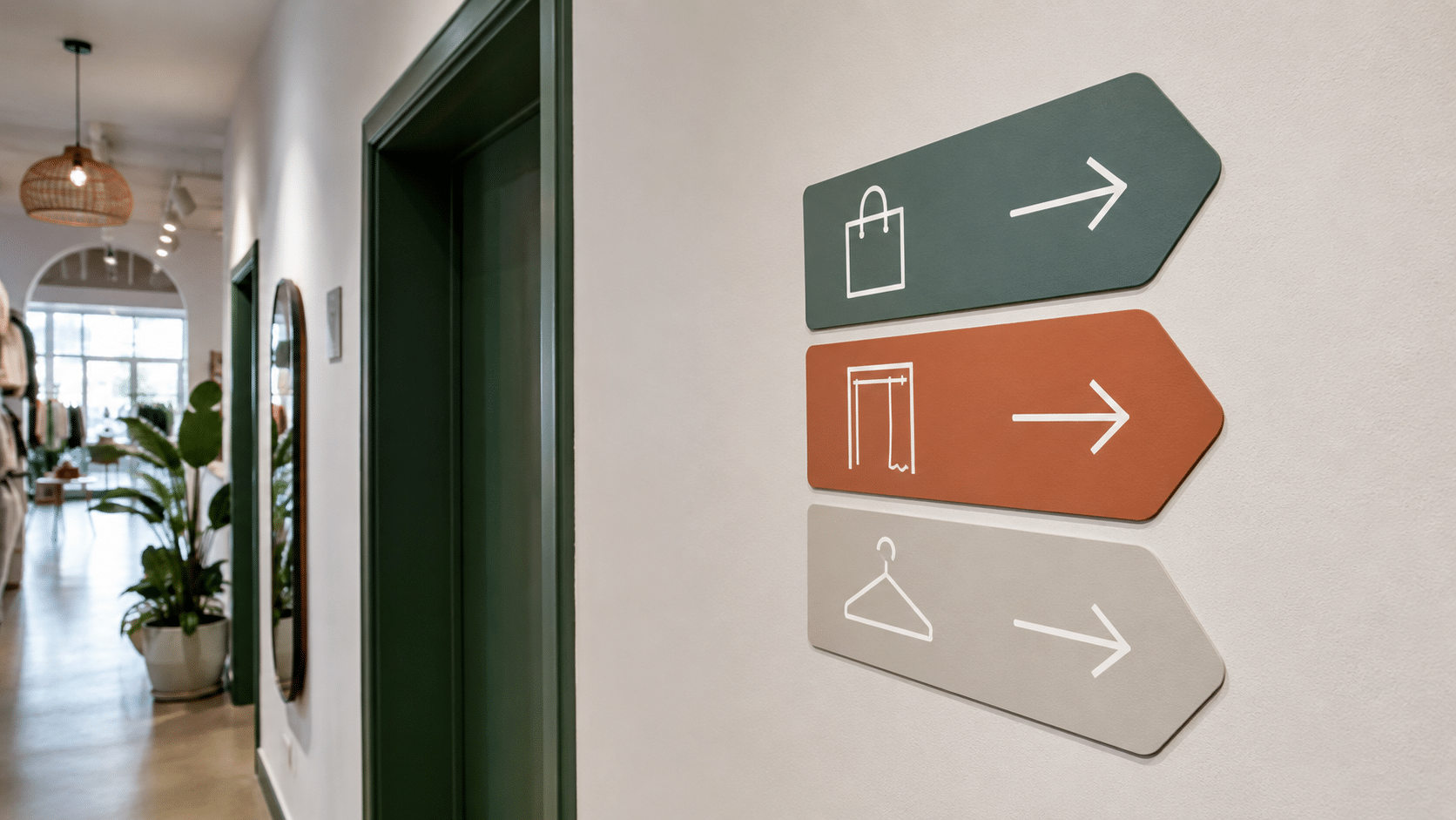 Vinilos direccionales y señalética de pared para orientar a clientes en un comercio