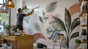 Vinilo decorativo instalado en la pared de un negocio moderno