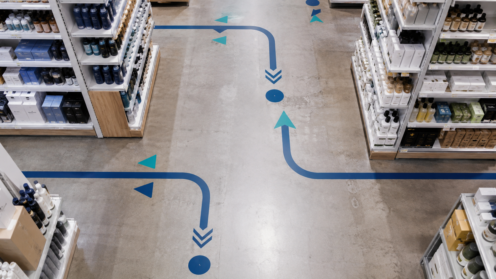 Vinilos adhesivos de suelo marcando el recorrido del cliente entre estanterías