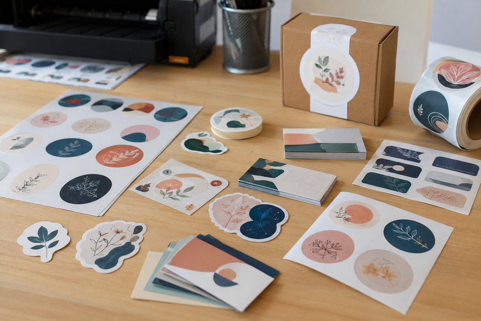 Pegatinas personalizadas para empresas preparadas en una mesa de imprenta