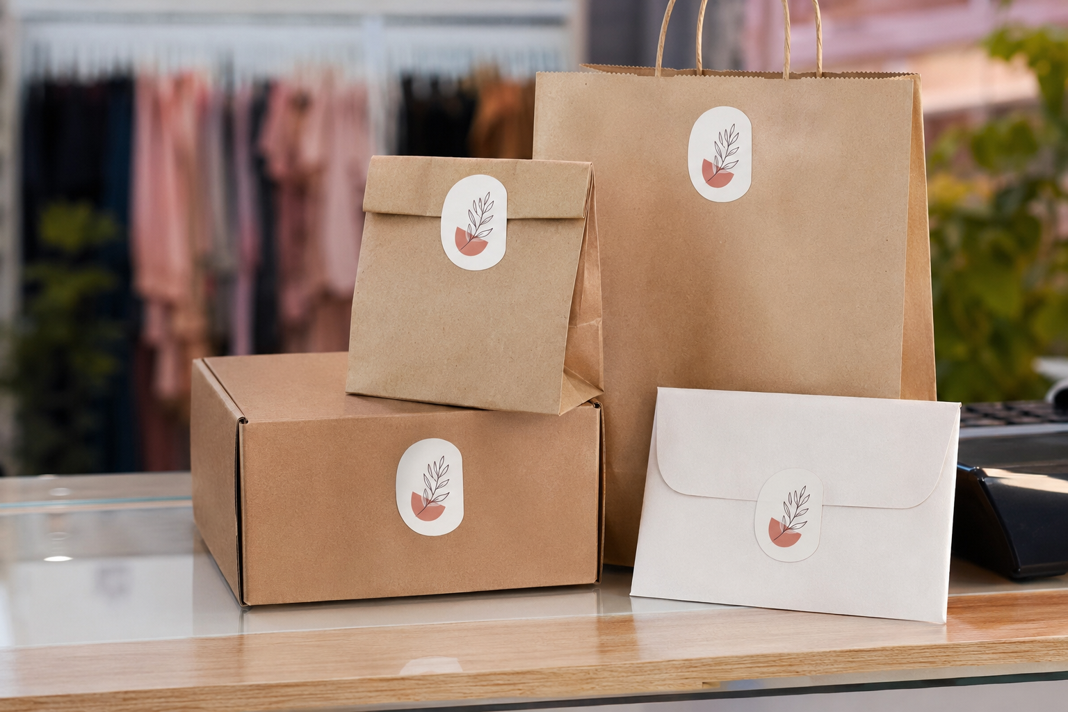 Pegatinas personalizadas aplicadas en bolsas y cajas de un comercio