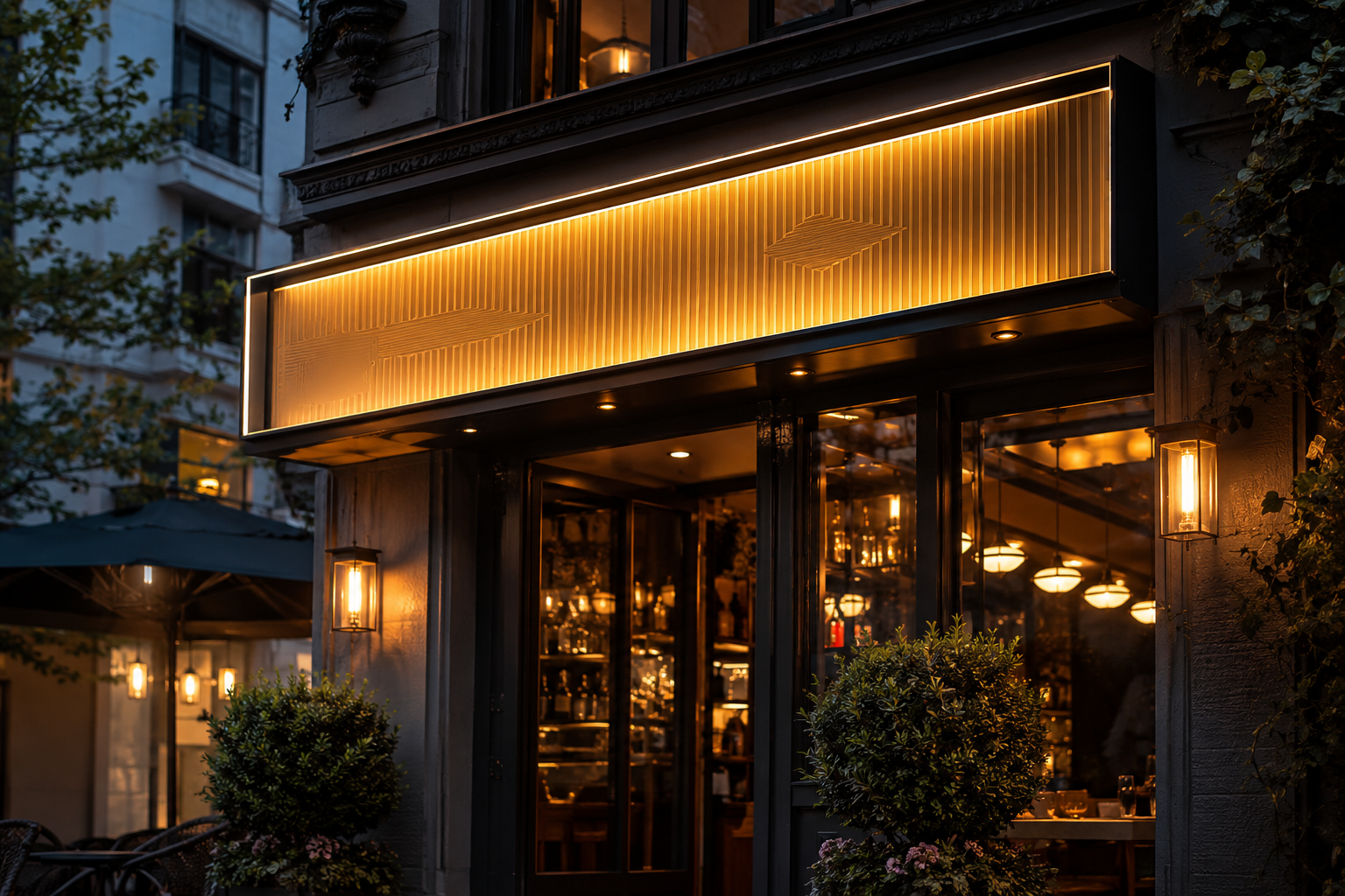 Rótulo luminoso para bar o cafetería visible al anochecer