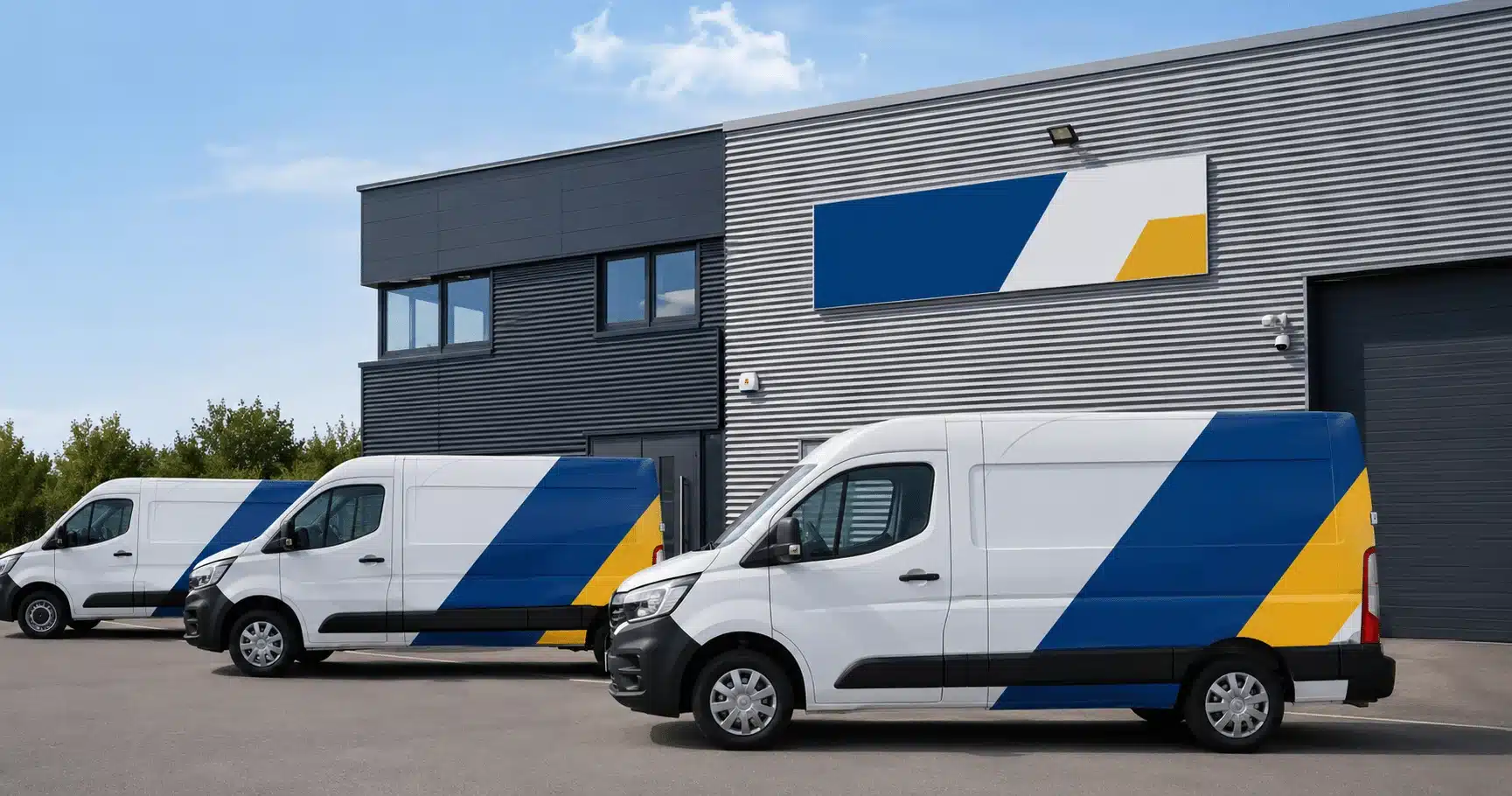 Vehículos de empresa rotulados junto a una nave industrial con imagen corporativa coordinada