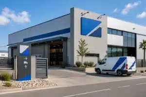 Nave industrial con rótulo exterior profesional y señalización de acceso para empresa