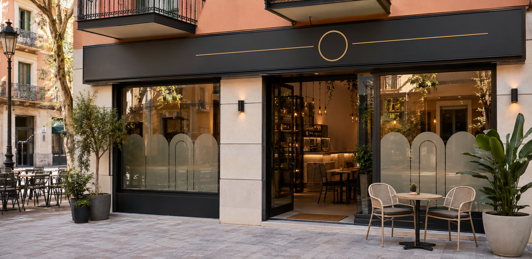Fachada de restaurante con rótulo profesional y vinilos en el escaparate