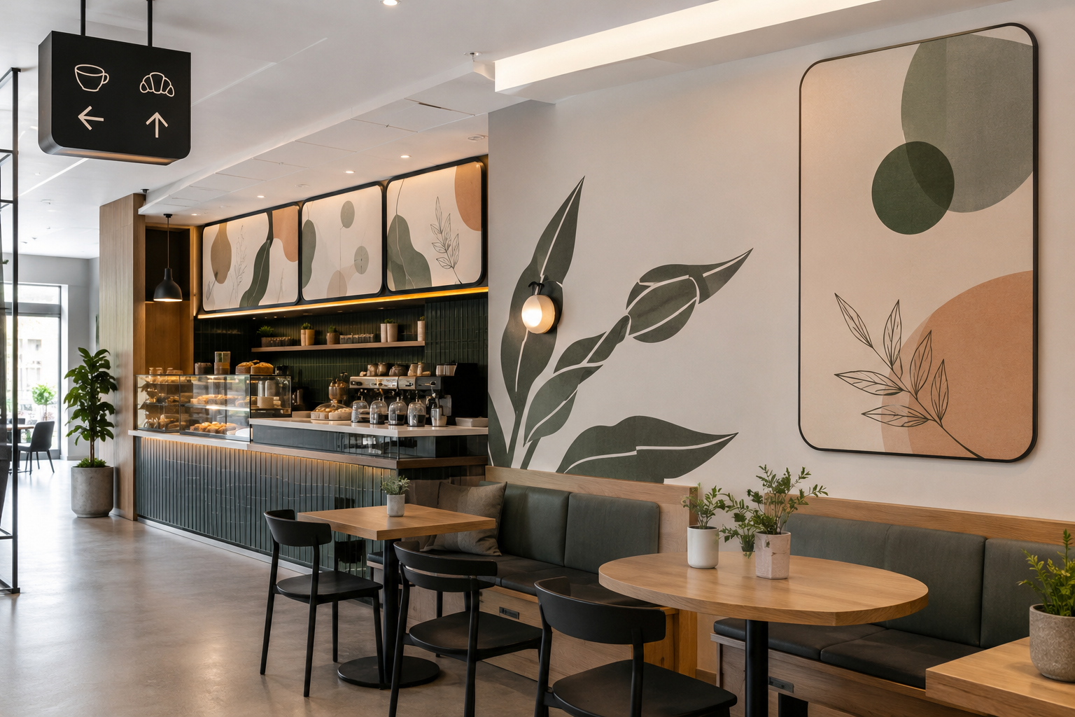 Señalética interior para cafetería con vinilos y soportes visuales coordinados